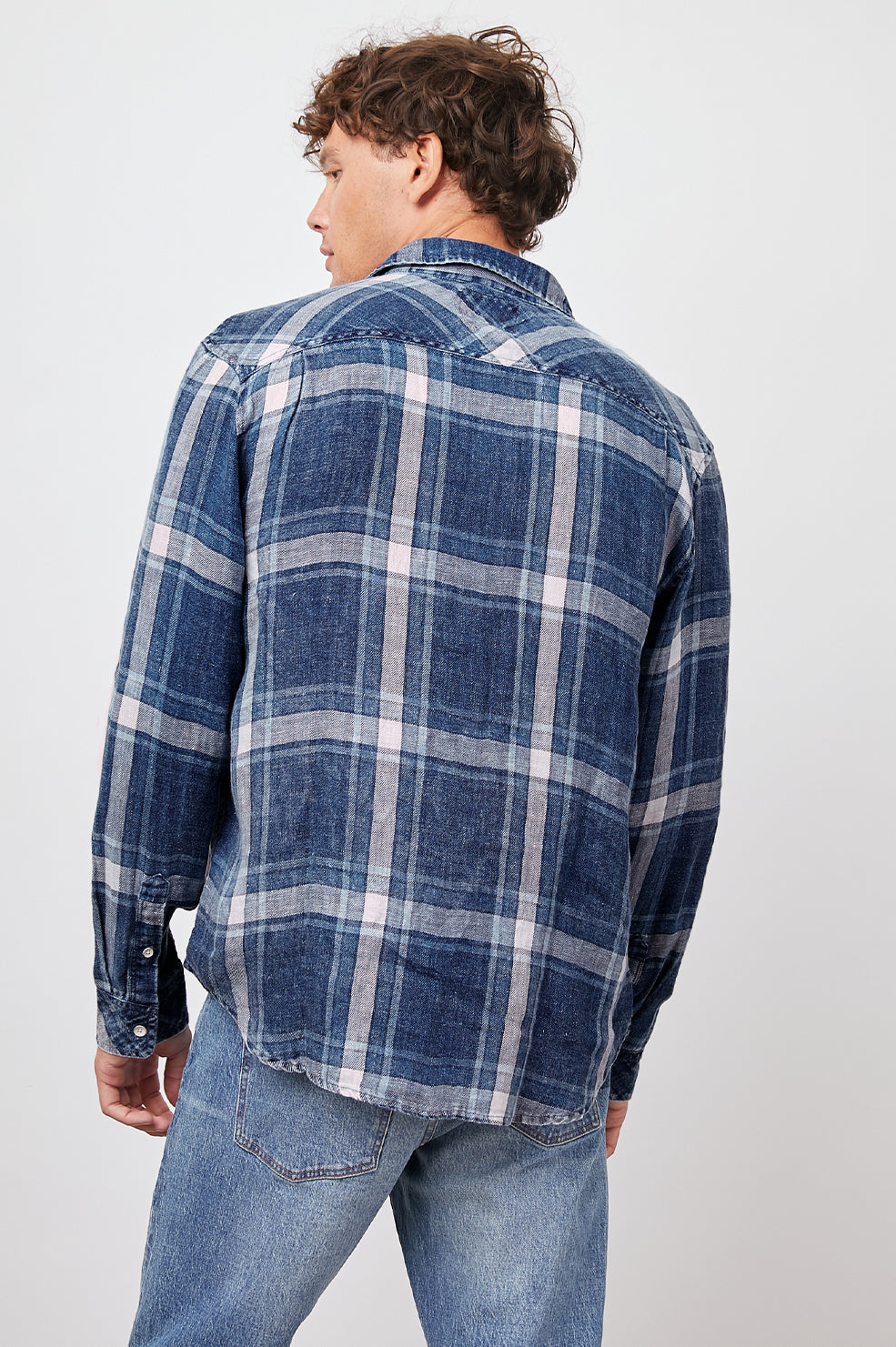 HAVANA INDIGO GLEN PLAID BUTTON DOWN LONG SLEEVE SHIRT- BACK