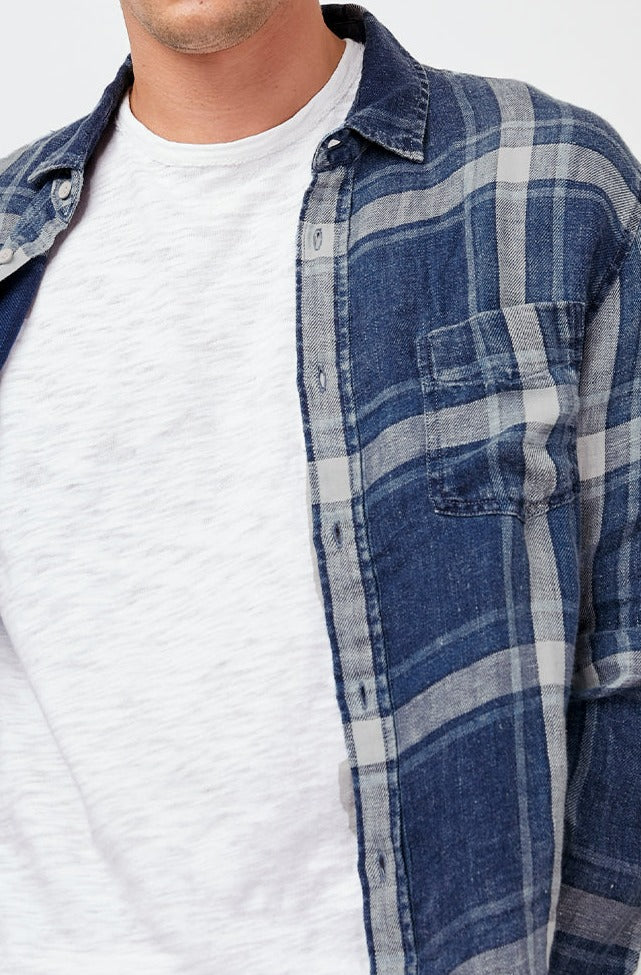 HAVANA INDIGO GLEN PLAID BUTTON DOWN LONG SLEEVE SHIRT- FRONT UNBUTTONED