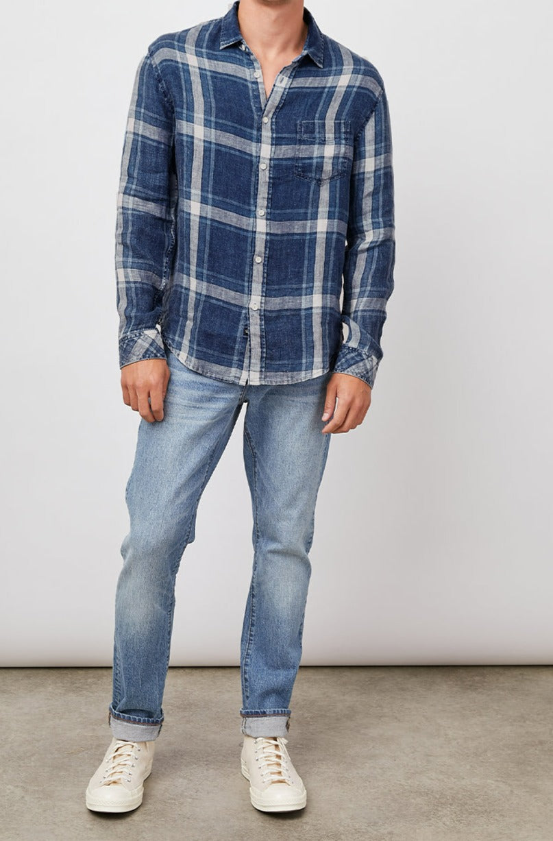 HAVANA INDIGO GLEN PLAID BUTTON DOWN LONG SLEEVE SHIRT- FULL FRONT BODY