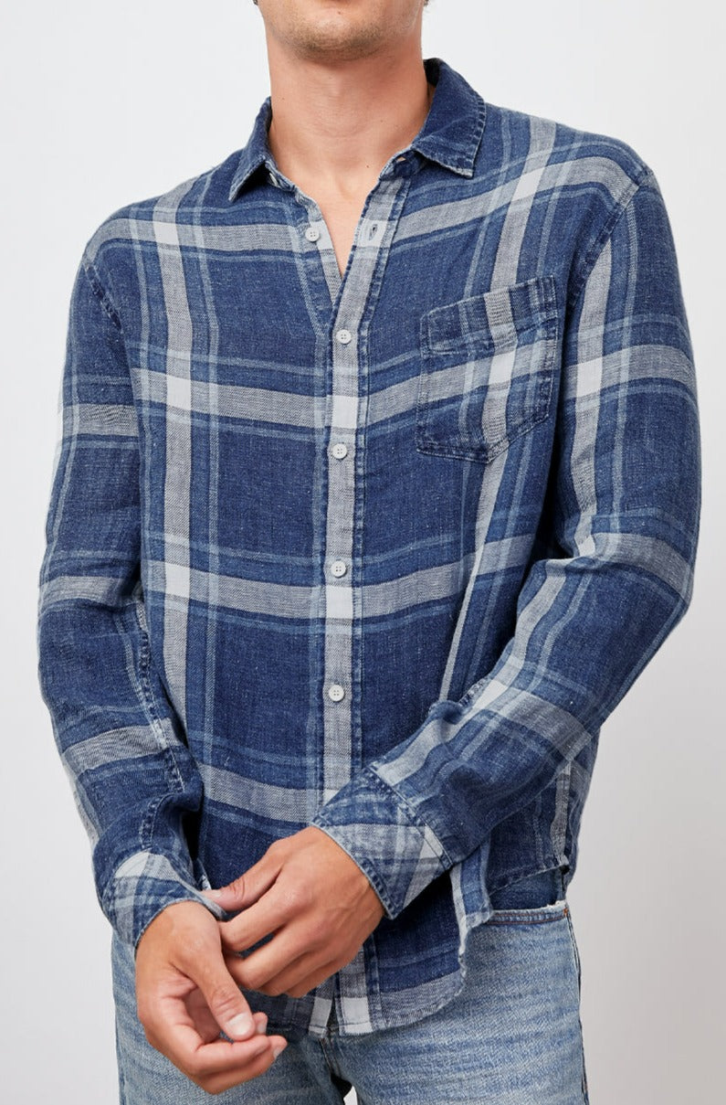 HAVANA INDIGO GLEN PLAID BUTTON DOWN LONG SLEEVE SHIRT- FRONT BUTTONED