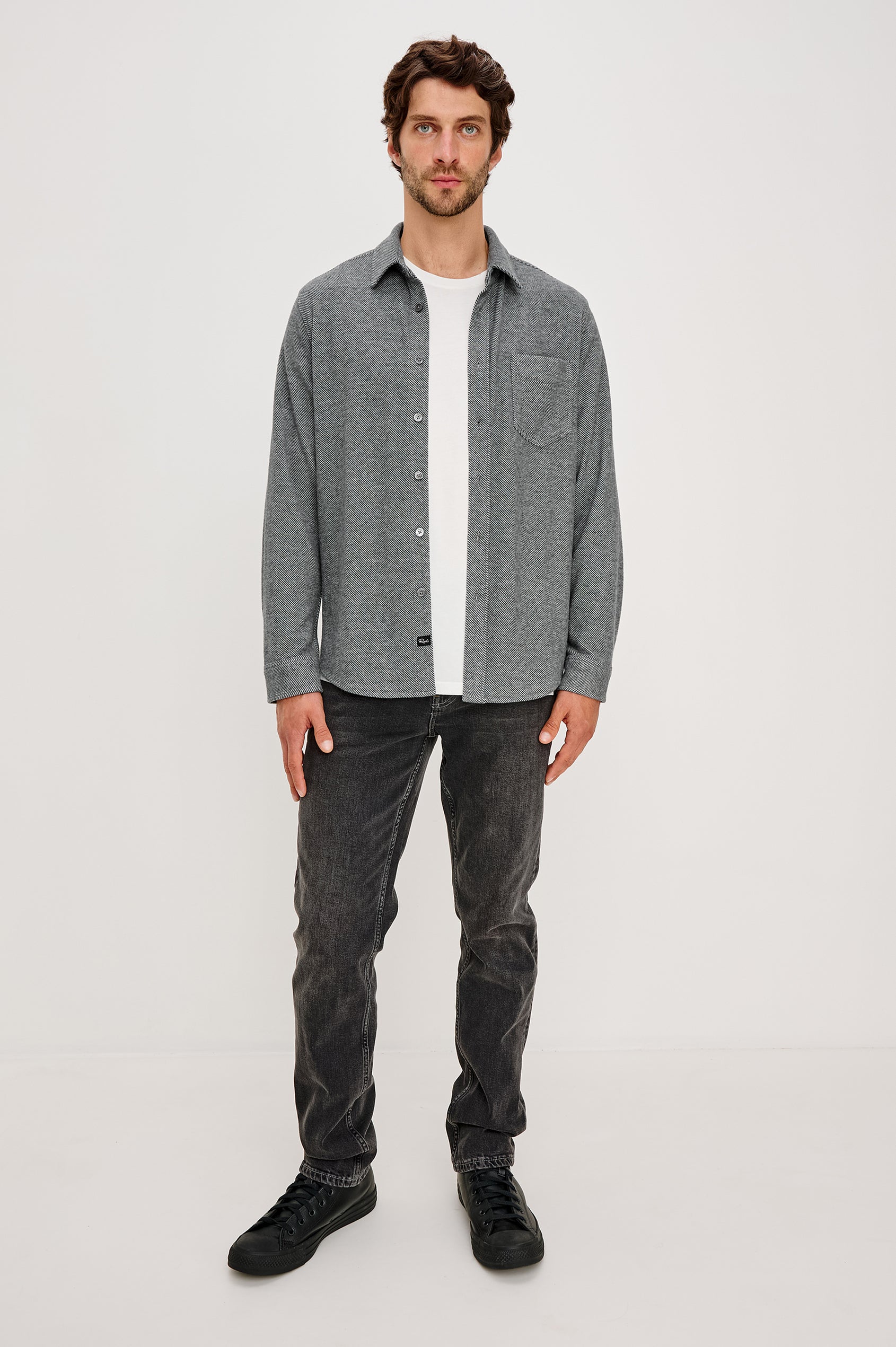 Hawke Long Sleeve Button Front Shirt with a Chest Pocket in Charcoal Twill Colorway. Front Full Body View Featured on Model.