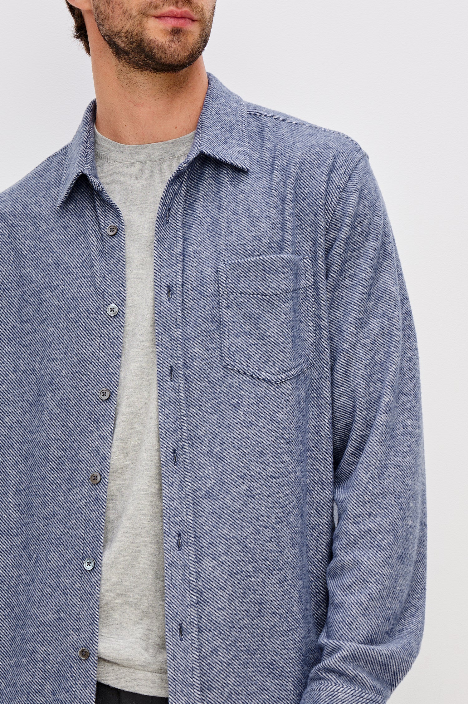Hawke Long Sleeve Button Front Shirt with a Chest Pocket in Marine Twill Colorway. Front View Featured on Model.
