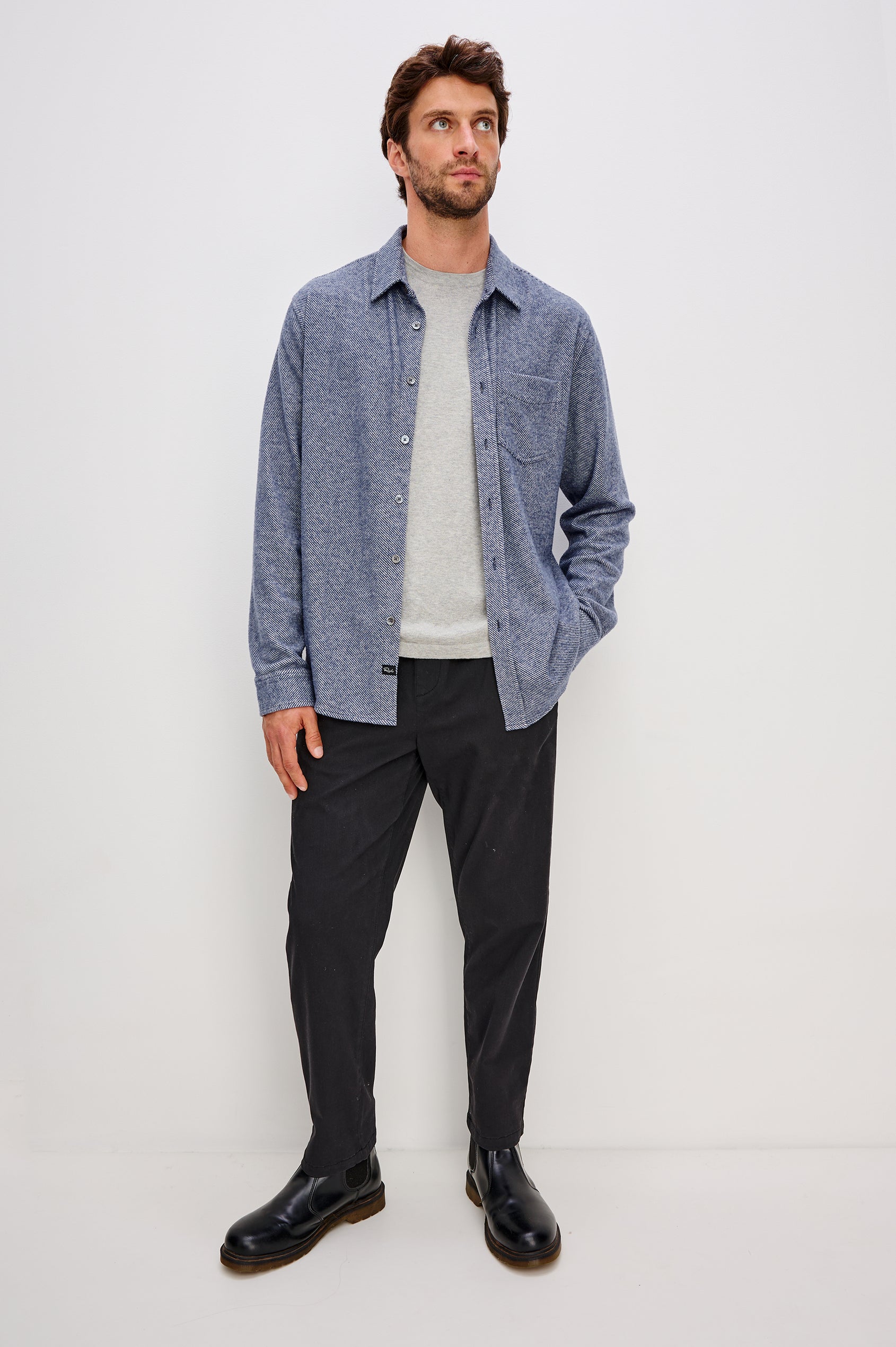 Hawke Long Sleeve Button Front Shirt with a Chest Pocket in Marine Twill Colorway. Front Full Body View Featured on Model.