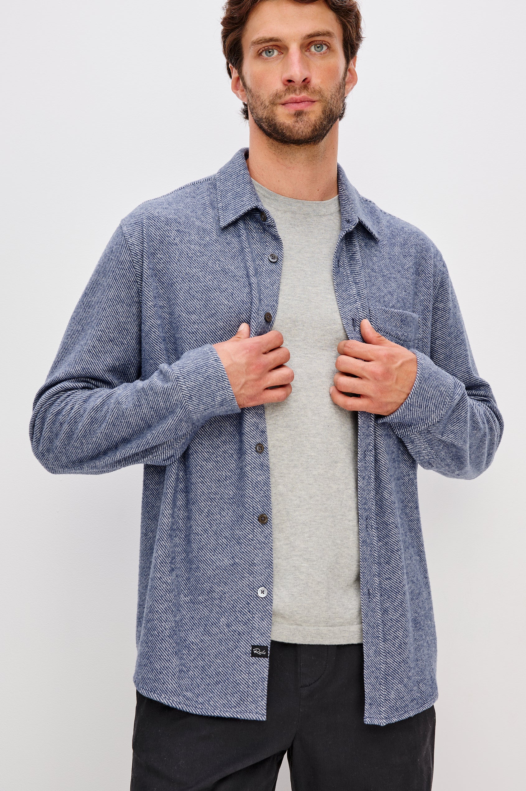Hawke Long Sleeve Button Front Shirt with a Chest Pocket in Marine Twill Colorway. Front View Featured on Model.