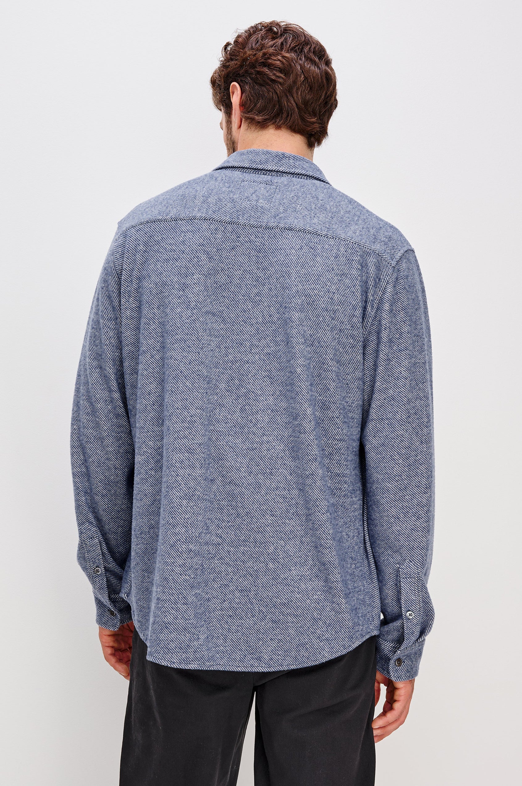 Hawke Long Sleeve Button Front Shirt with a Chest Pocket in Marine Twill Colorway. Back View Featured on Model.