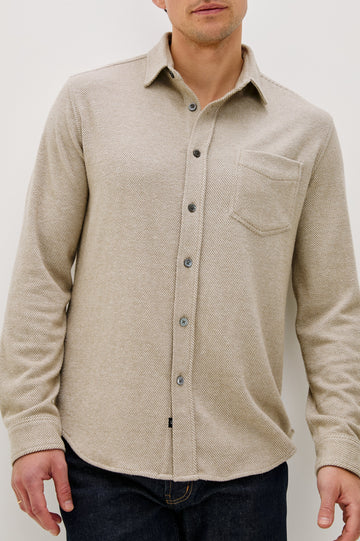 Hawke Long Sleeve Button Front Shirt with a Chest Pocket in Taupe Twill Colorway. Front Detail View Featured on Model.