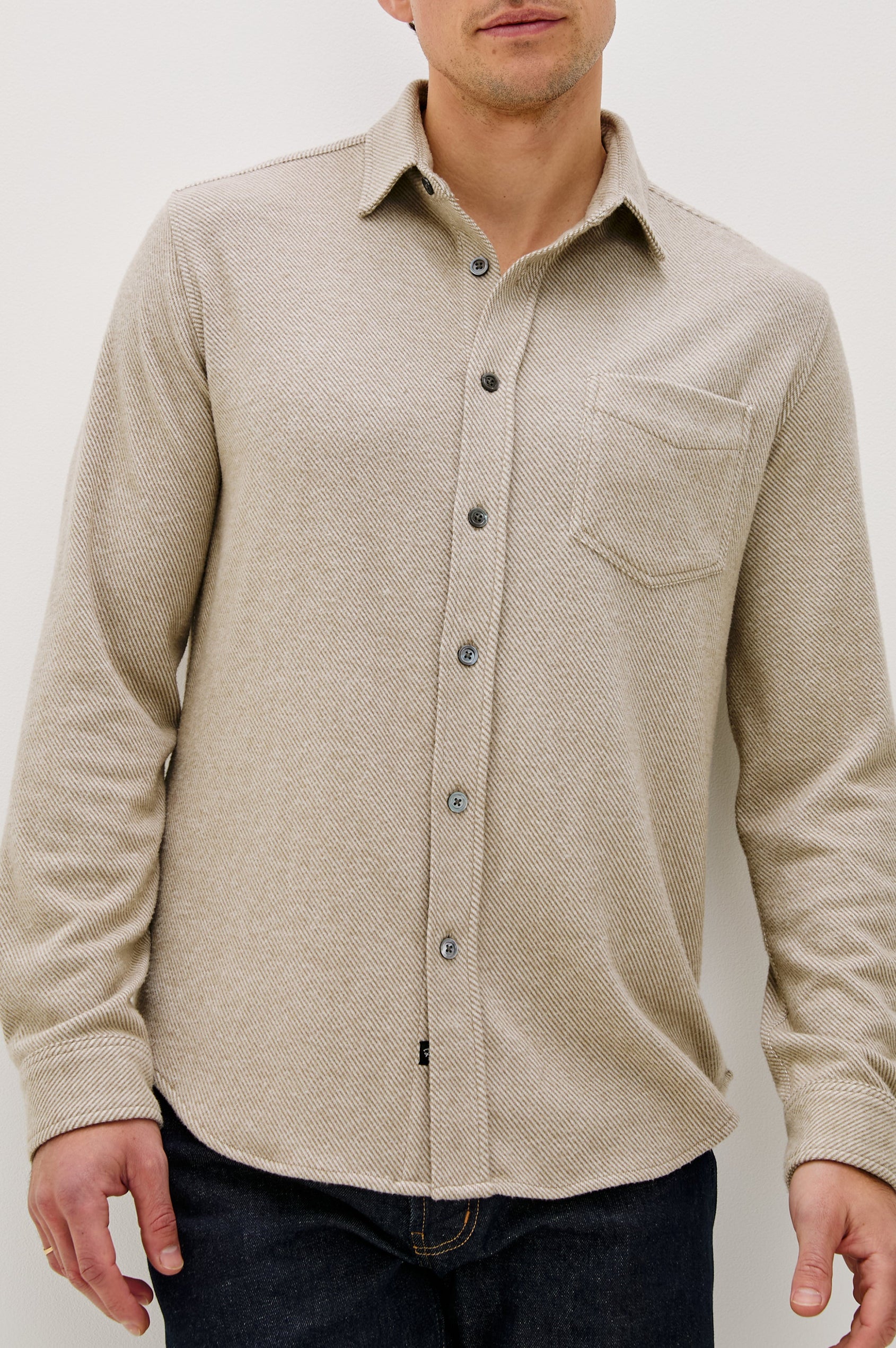 Hawke Long Sleeve Button Front Shirt with a Chest Pocket in Taupe Twill Colorway. Front Detail View Featured on Model.