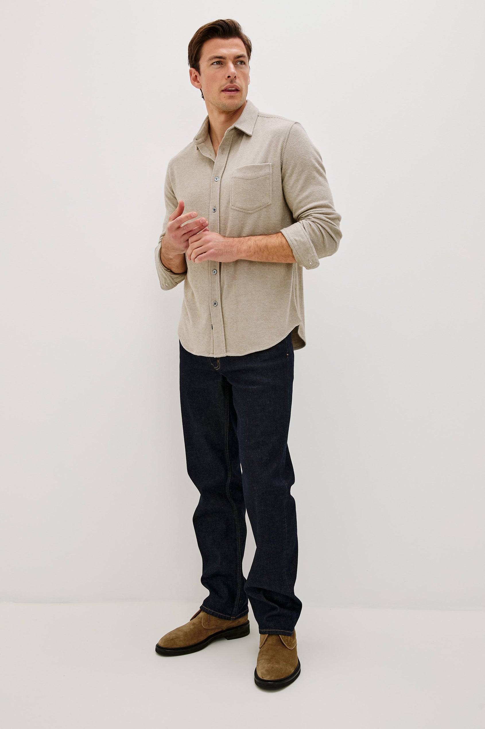 Hawke Long Sleeve Button Front Shirt with a Chest Pocket in Taupe Twill Colorway. Front Full Body View Featured on Model.