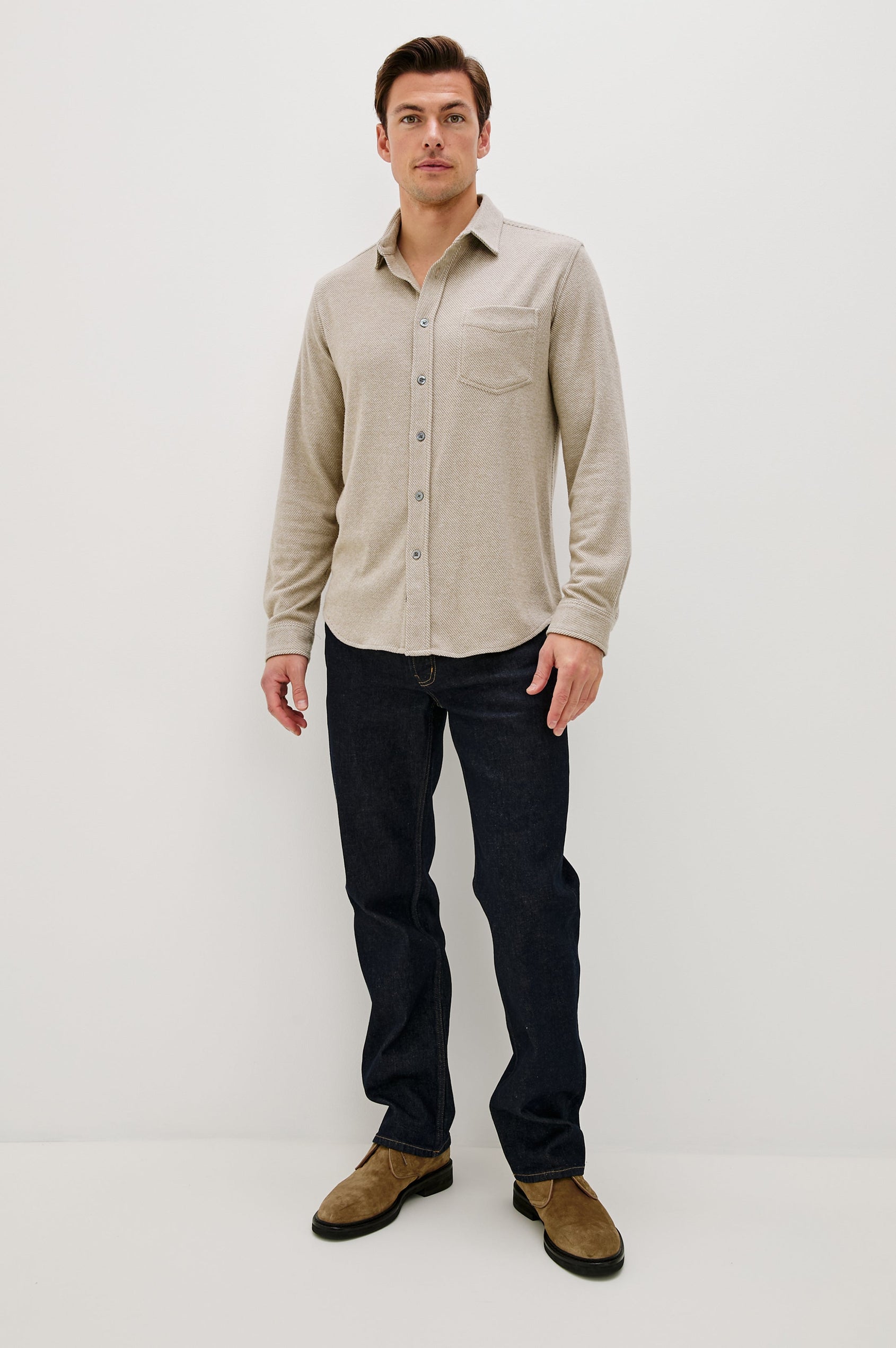 Hawke Long Sleeve Button Front Shirt with a Chest Pocket in Taupe Twill Colorway. Front Full Body View Featured on Model.