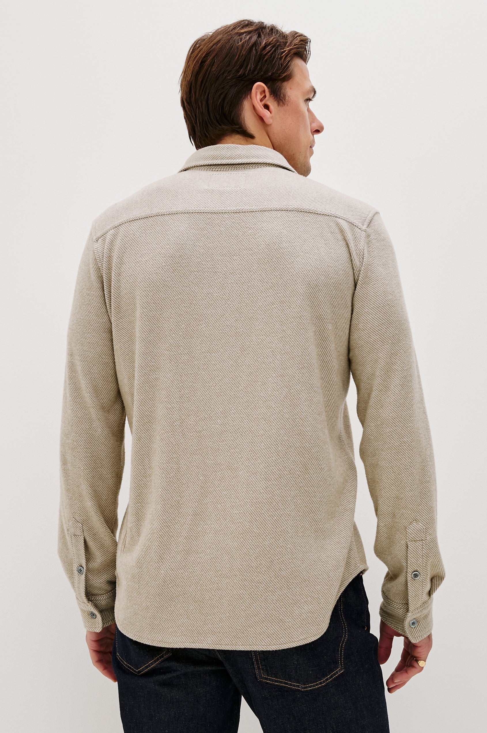 Hawke Long Sleeve Button Front Shirt with a Chest Pocket in Taupe Twill Colorway. Back View Featured on Model.