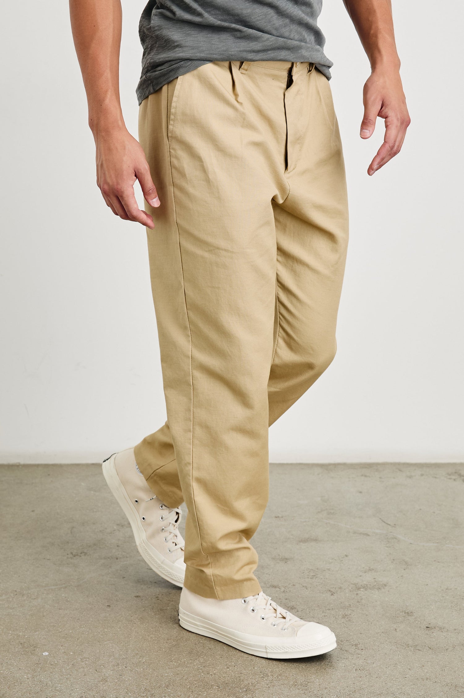 Hawthorne Pants with Belt Loops, Two Front Pockets and Back Welt Pockets in Khaki Colorway - Front View Featured on Model 