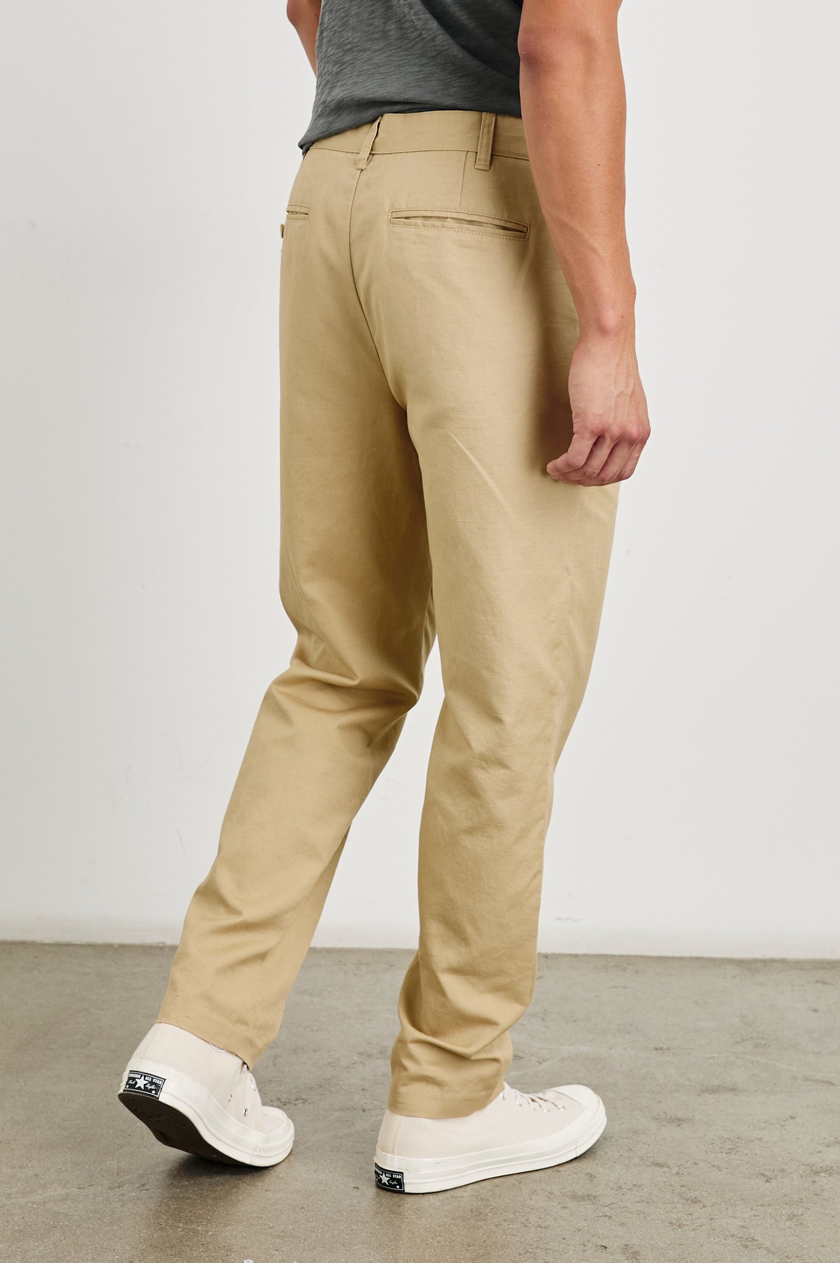 Hawthorne Pants with Belt Loops, Two Front Pockets and Back Welt Pockets in Khaki Colorway - Back View Featured on Model 