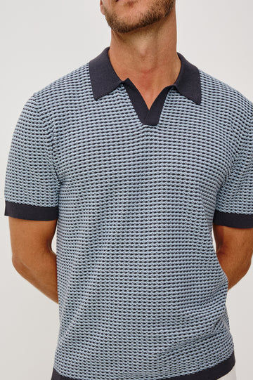 Hayden Polo Shirt in Lightweight Cotton With Split V-Neck Collar, Short Sleeves, and Classic Fit in Blue Lagoon Ripple Colorway - Upper Body Close Up Front View Featured on Model