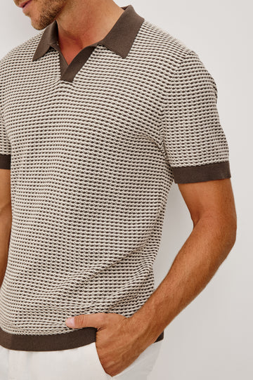 Hayden Polo Shirt in Lightweight Cotton With Split V-Neck Collar, Short Sleeves, and Classic Fit in Oat Ripple Colorway - Upper Body Close Up Front View Featured on Model