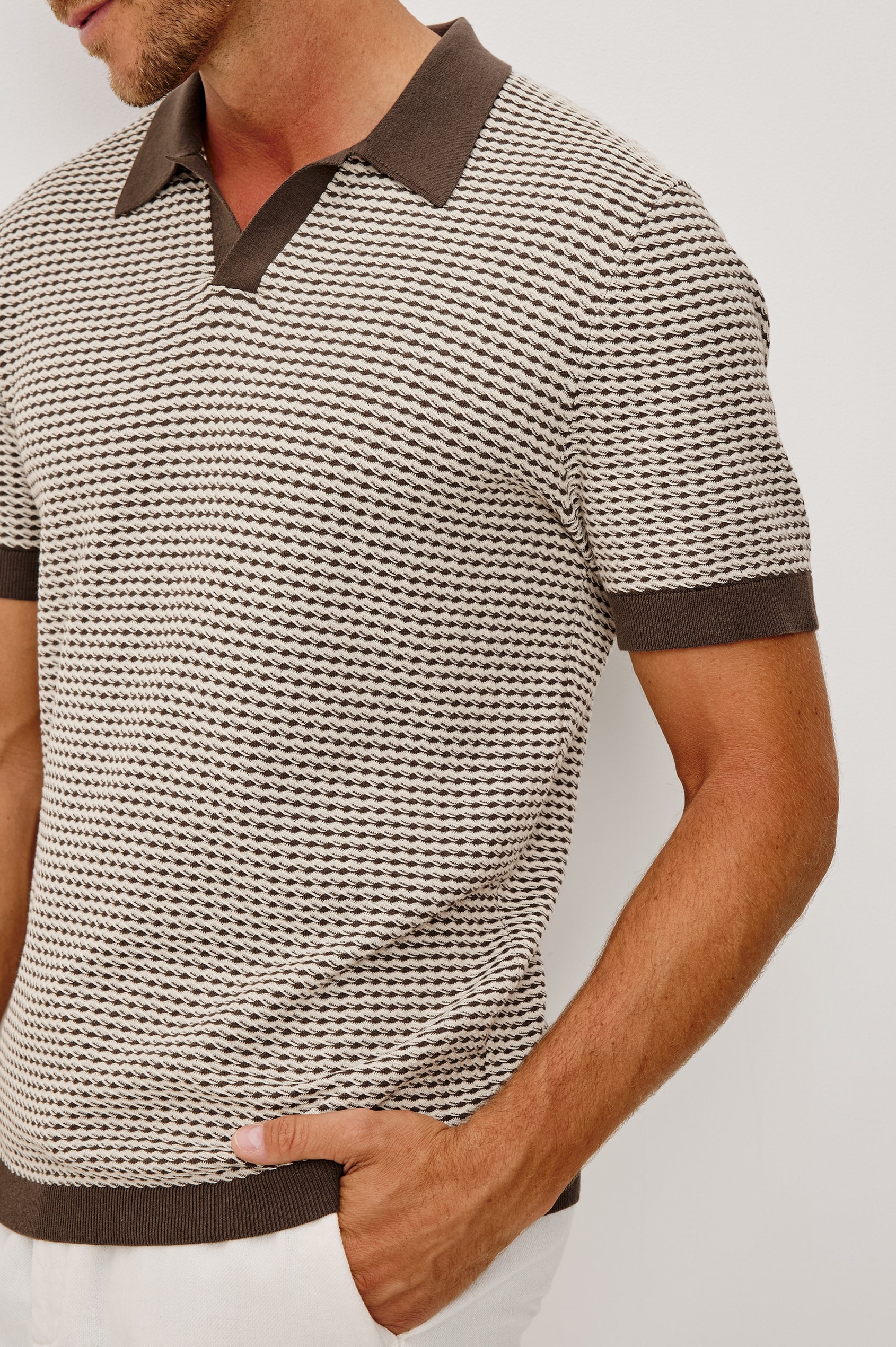 Hayden Polo Shirt in Lightweight Cotton With Split V-Neck Collar, Short Sleeves, and Classic Fit in Oat Ripple Colorway - Upper Body Close Up Front View Featured on Model