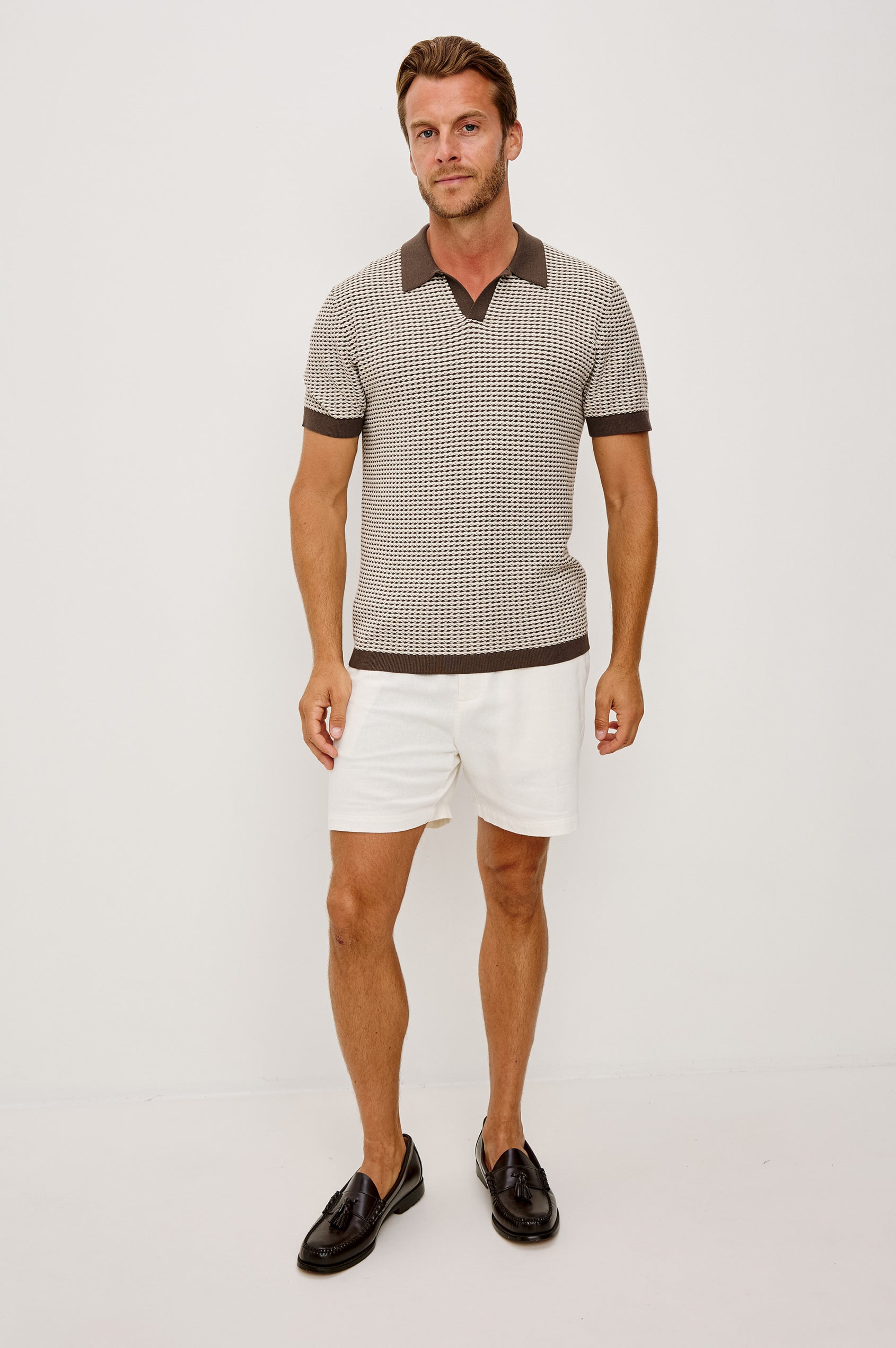 Hayden Polo Shirt in Lightweight Cotton With Split V-Neck Collar, Short Sleeves, and Classic Fit in Oat Ripple Colorway - Full Body Front View Featured on Model
