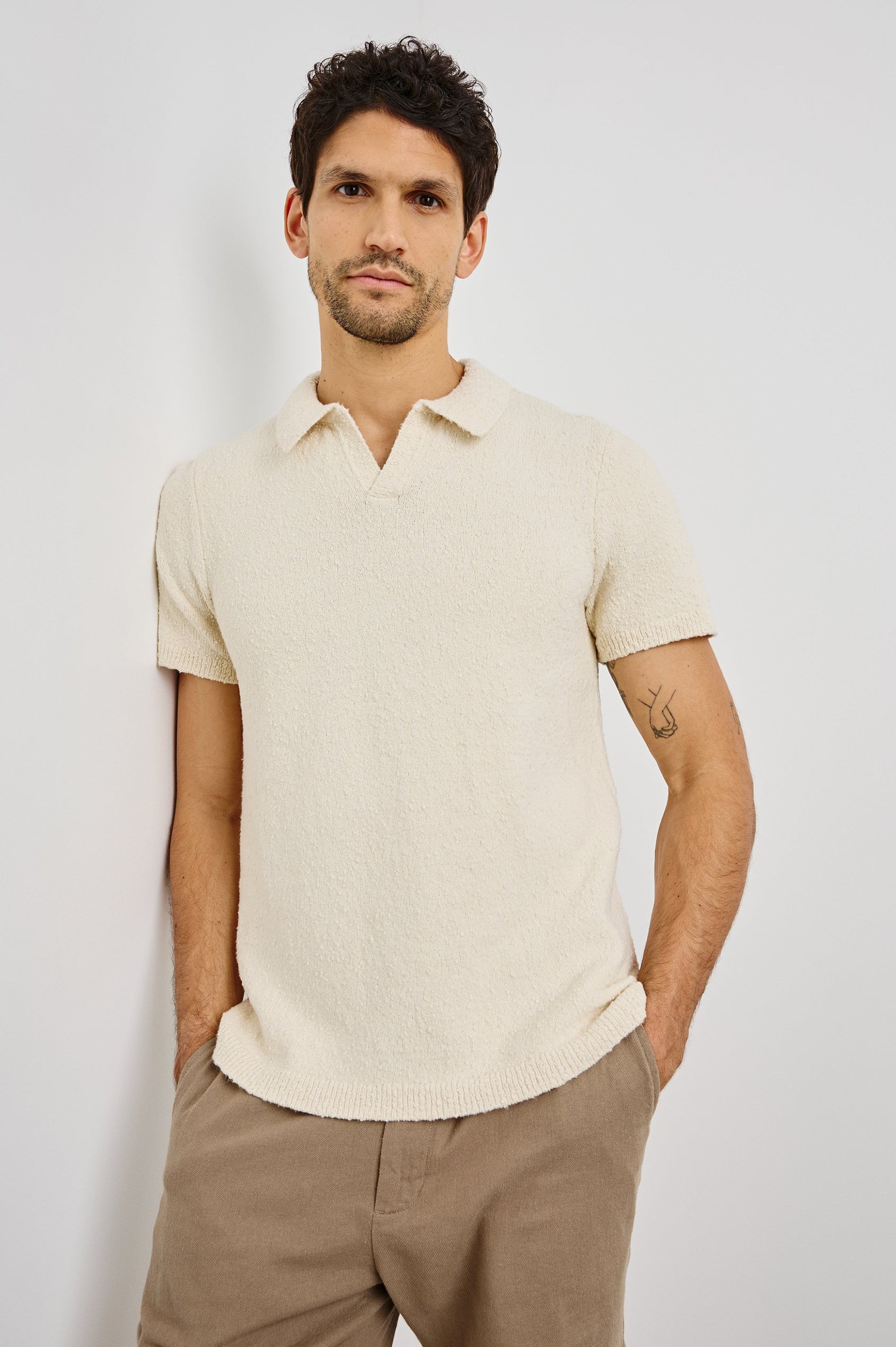 Heath Polo Shirt with Short Sleeves in Cream Colorway. Front View Shown on Model.