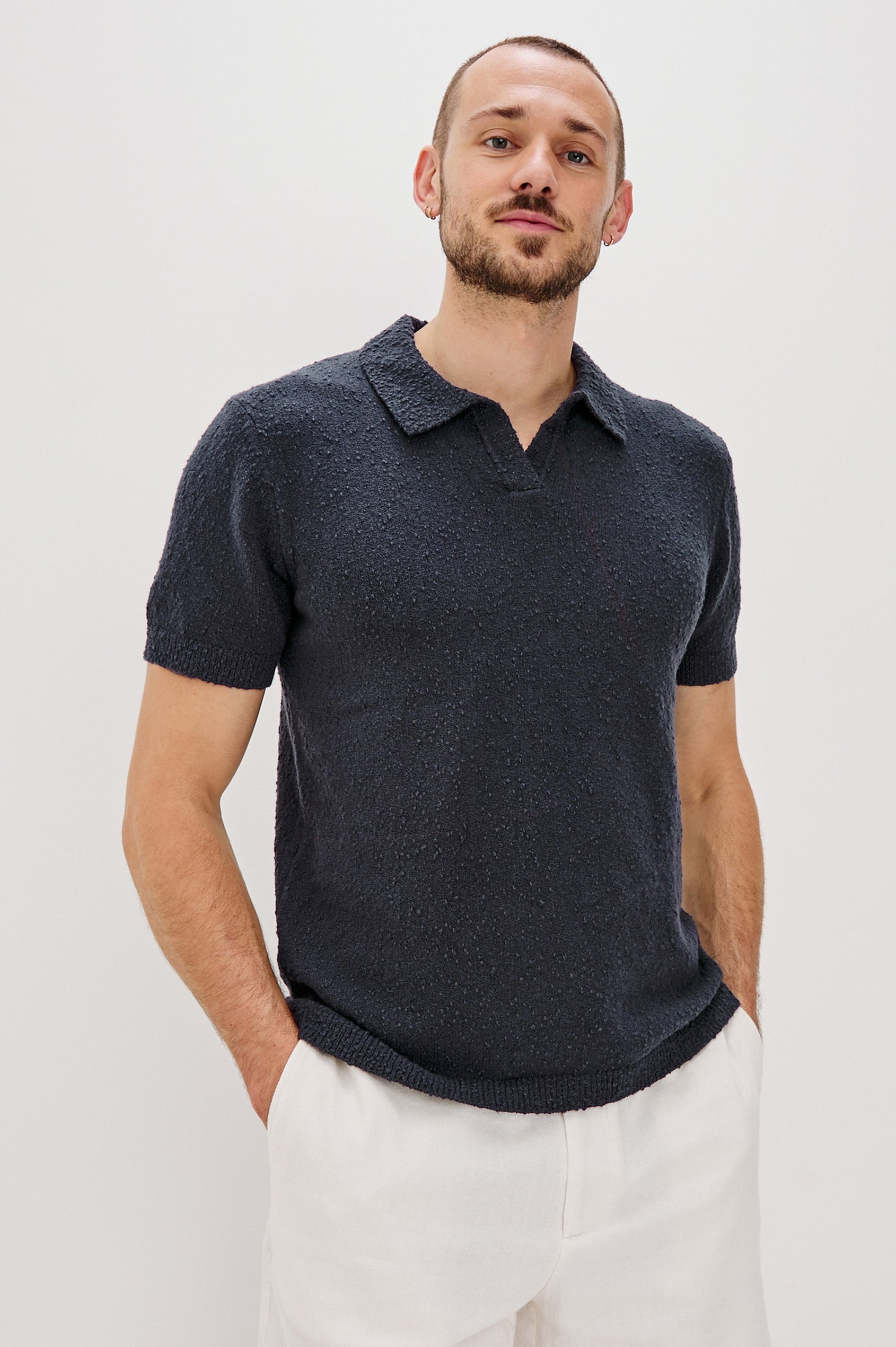 Heath Johnny Collar Polo with Short Sleeves in Midnight Blue Colorway. Front View Shown on Model.