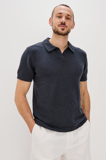 Heath Johnny Collar Polo with Short Sleeves in Midnight Blue Colorway. Front View Shown on Model.