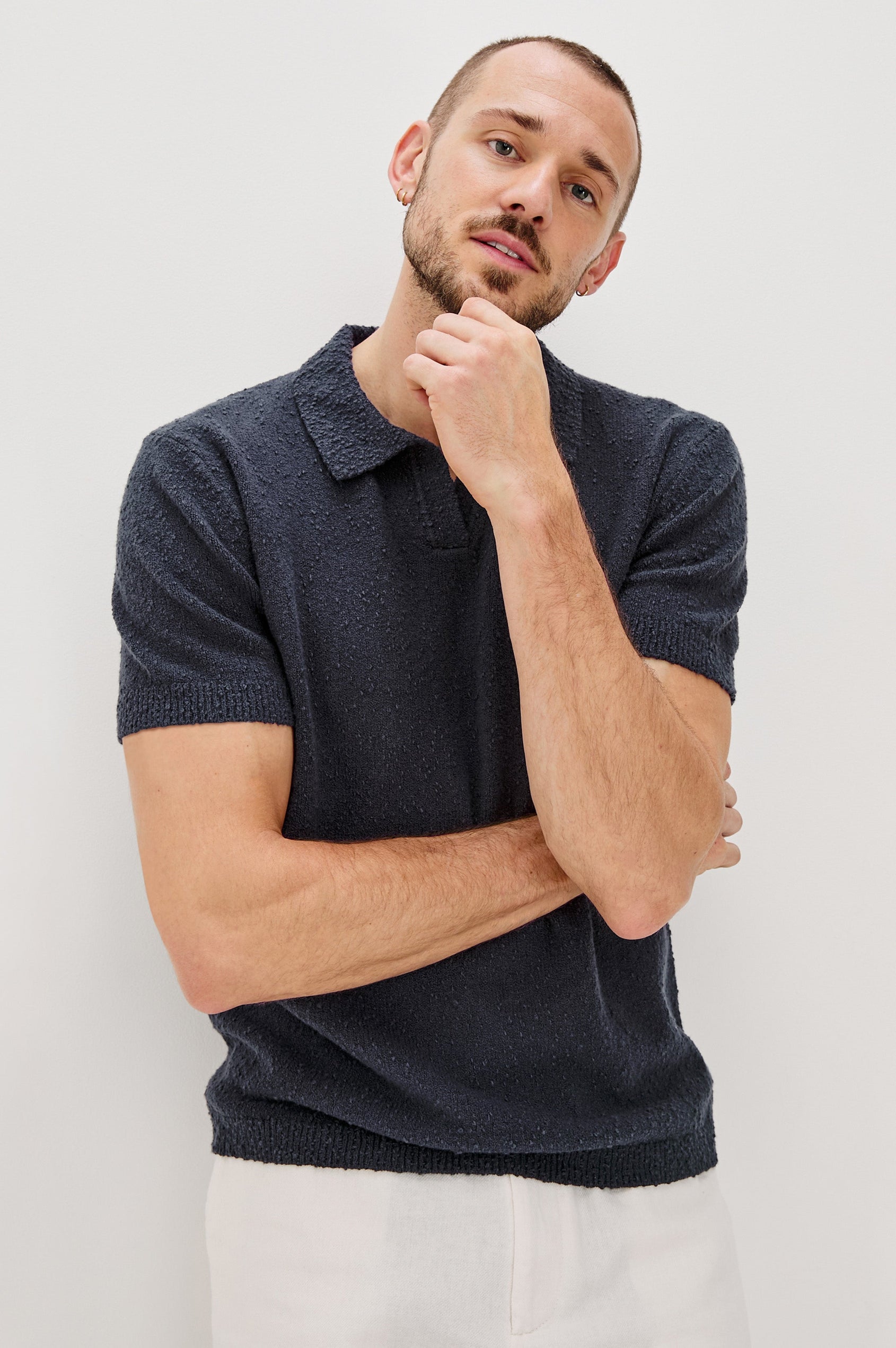 Heath Johnny Collar Polo with Short Sleeves in Midnight Blue Colorway. Front View Shown on Model.