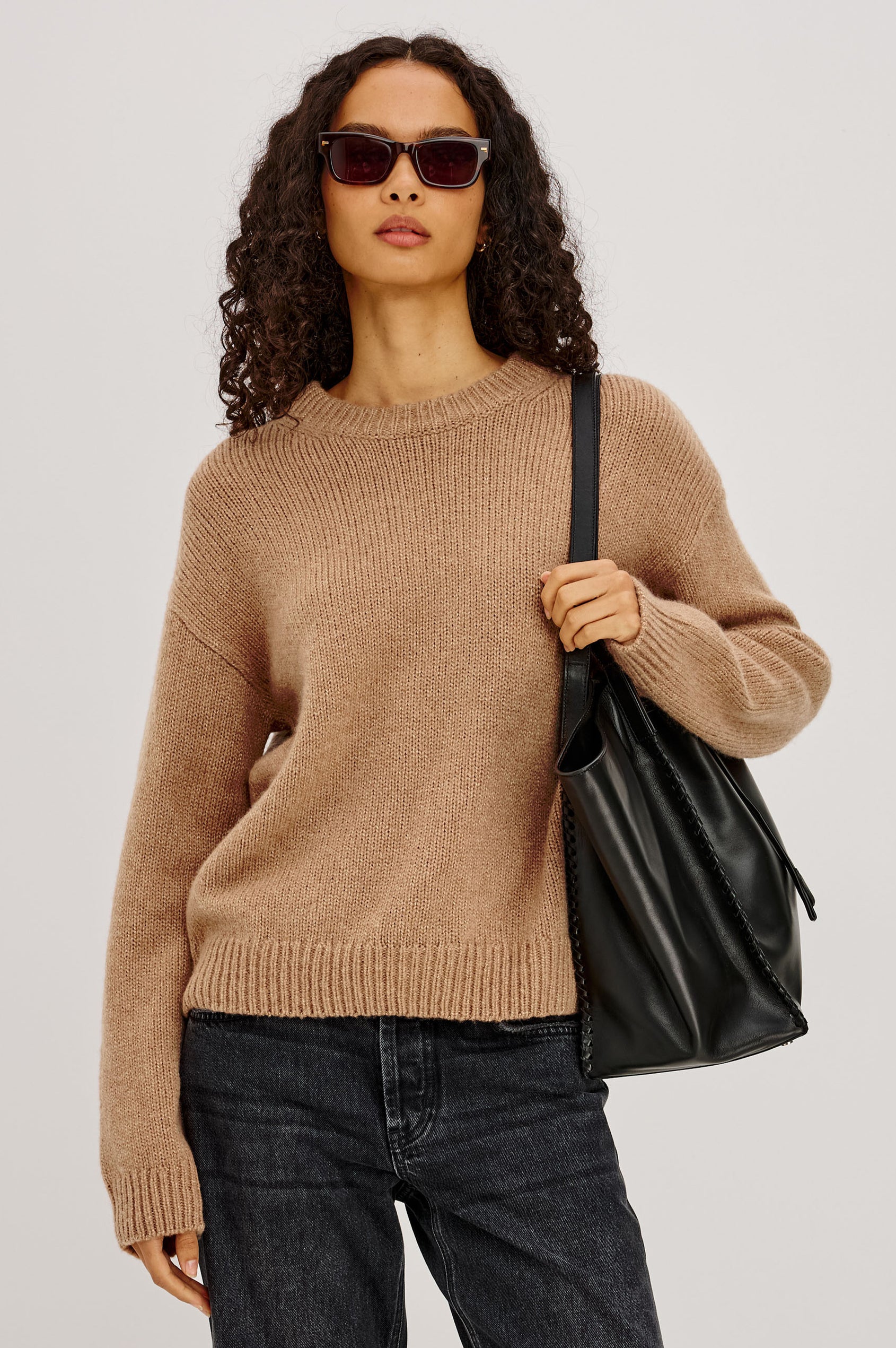 Helly Sweater in Wool-Cashmere Blend With Crew Neckline, Relaxed Boxy Slightly Cropped Fit, Long Sleeves, and Ribbed Trim in Heather Camel Colorway - Upper Body Front View Featured on Model