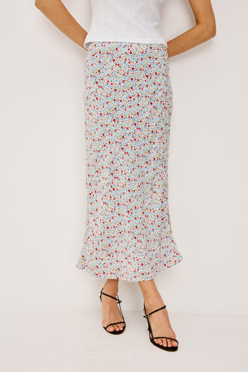 Hepburn High-Waisted Midi Skirt With A-Line Silhouette, Side Slit With Button-and-Loop Closures, and Full Lining in Meadow Colorway - Lower Body Front View Featured on Model