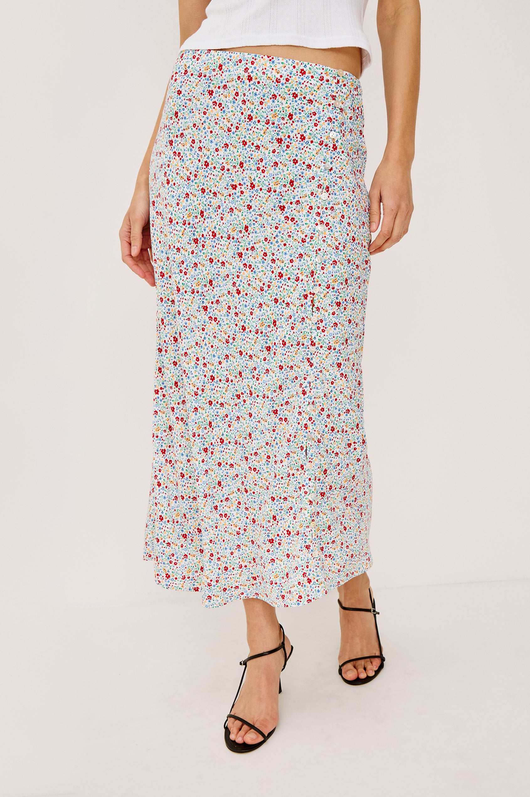 Hepburn High-Waisted Midi Skirt With A-Line Silhouette, Side Slit With Button-and-Loop Closures, and Full Lining in Meadow Colorway - Lower Body Front View Featured on Model
