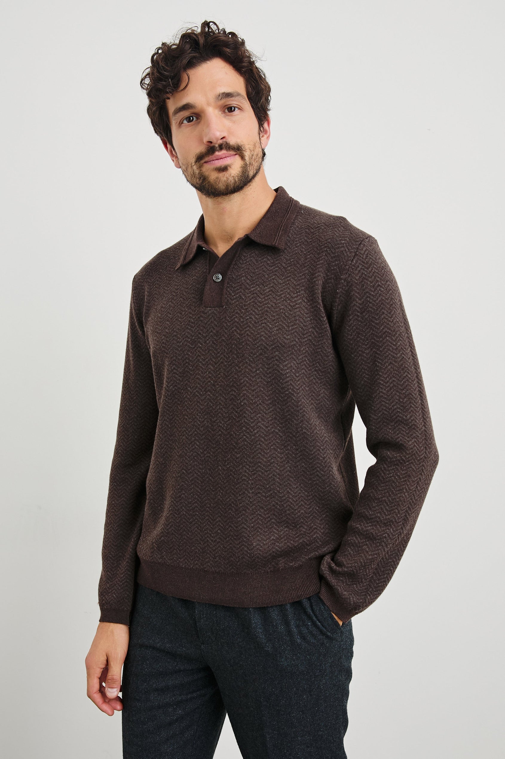 Herrington Long-Sleeve Collared Sweater with a Two Button Placket and a Herringbone Jacquard in Brown Herringbone Melange Colorway - Front View Featured on Model