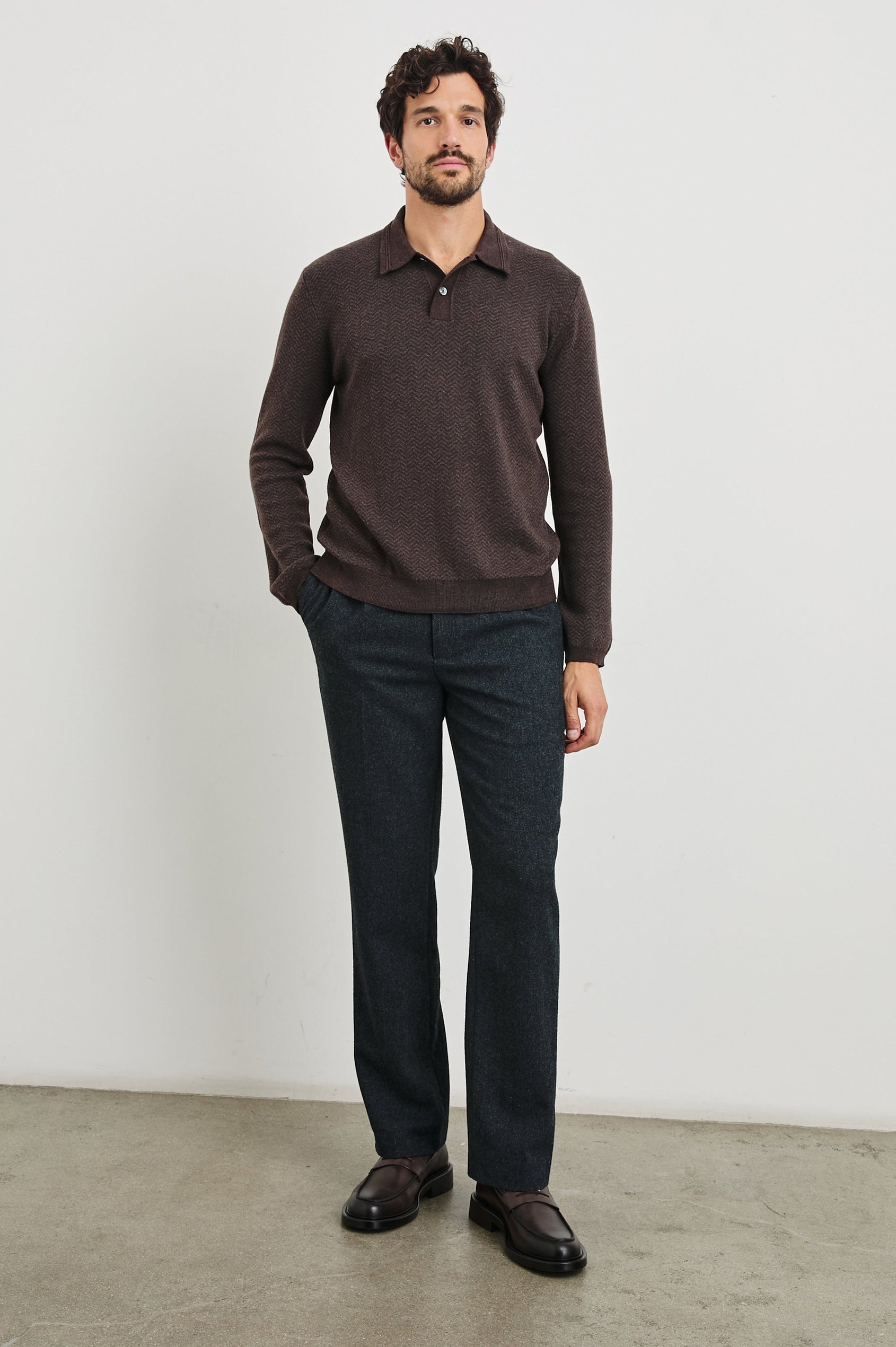 Herrington Long-Sleeve Collared Sweater with a Two Button Placket and a Herringbone Jacquard in Brown Herringbone Melange Colorway - Front Full Body View Featured on Model
