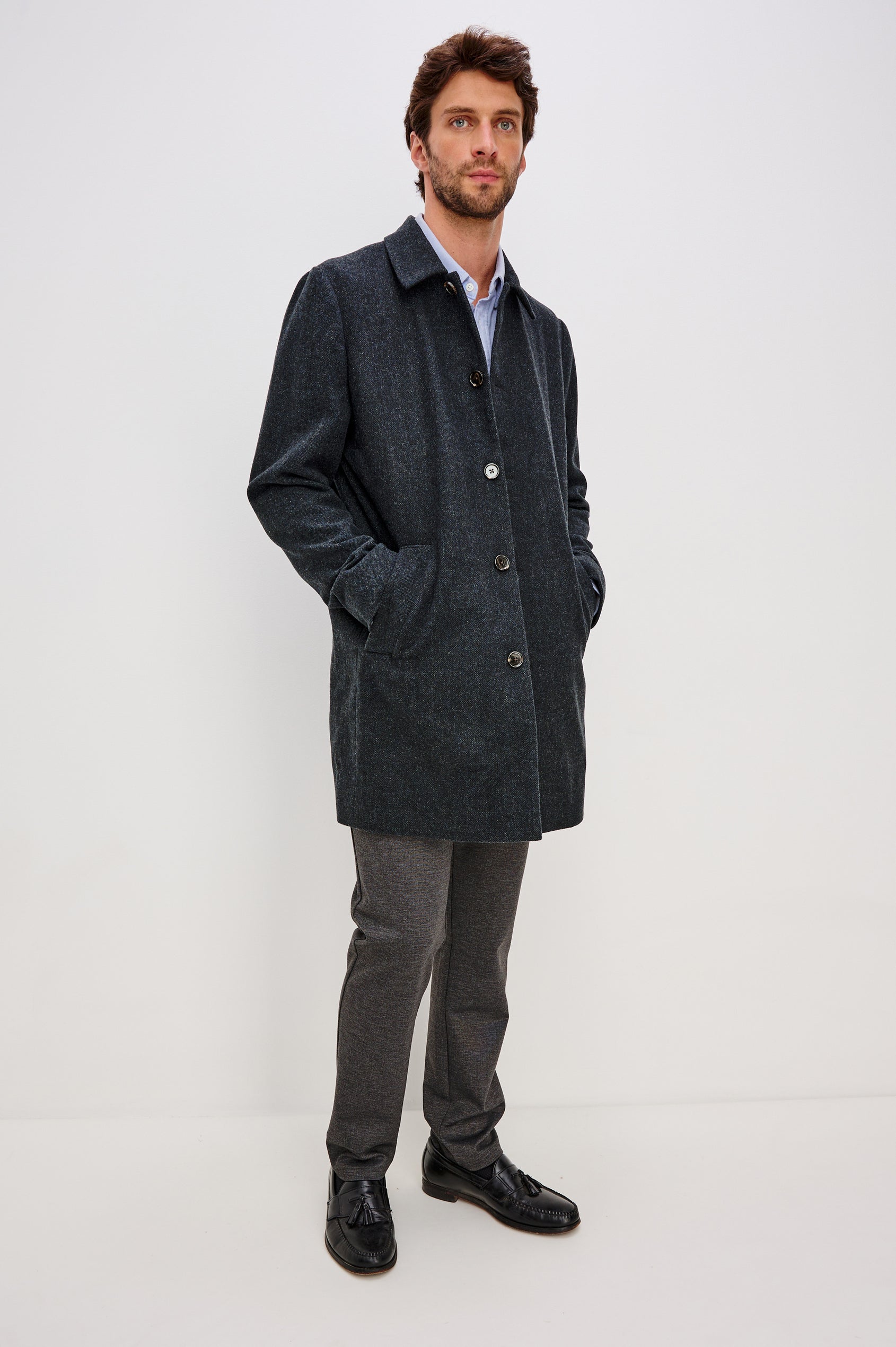 Hockney Overcoat in Wool Blend With Collar, Front Buttons, Long Sleeves, Back Vent, and Side Zip Welt Pockets in Celestial Tweed Colorway - Full Body Front View Featured on Model