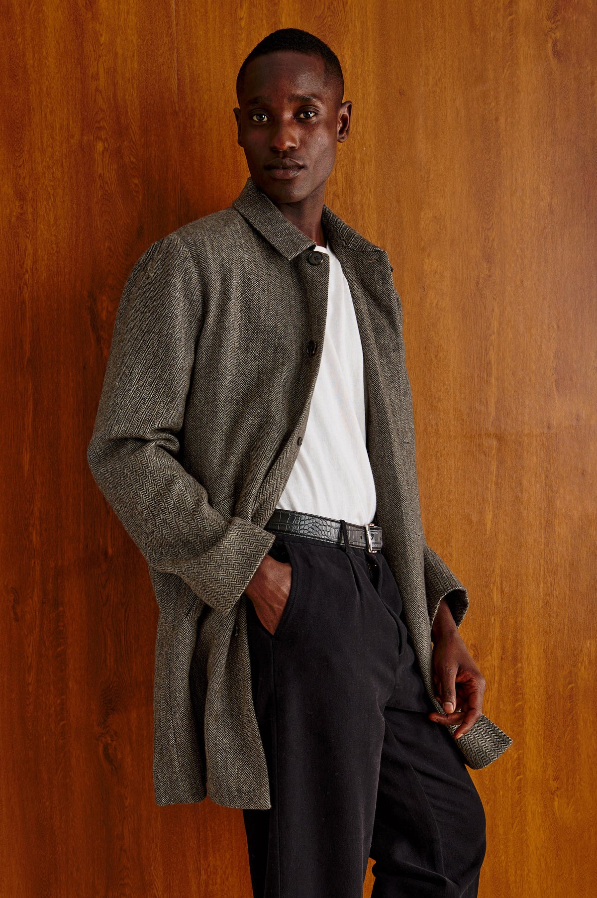 Hockney Overcoat in Wool Blend With Point Collar, Button Front, SIde Welt Pockets, Lined Interior With Zip and Welt Pockets in Highland Tweed Colorway - Upper Body Front View Featured on Model