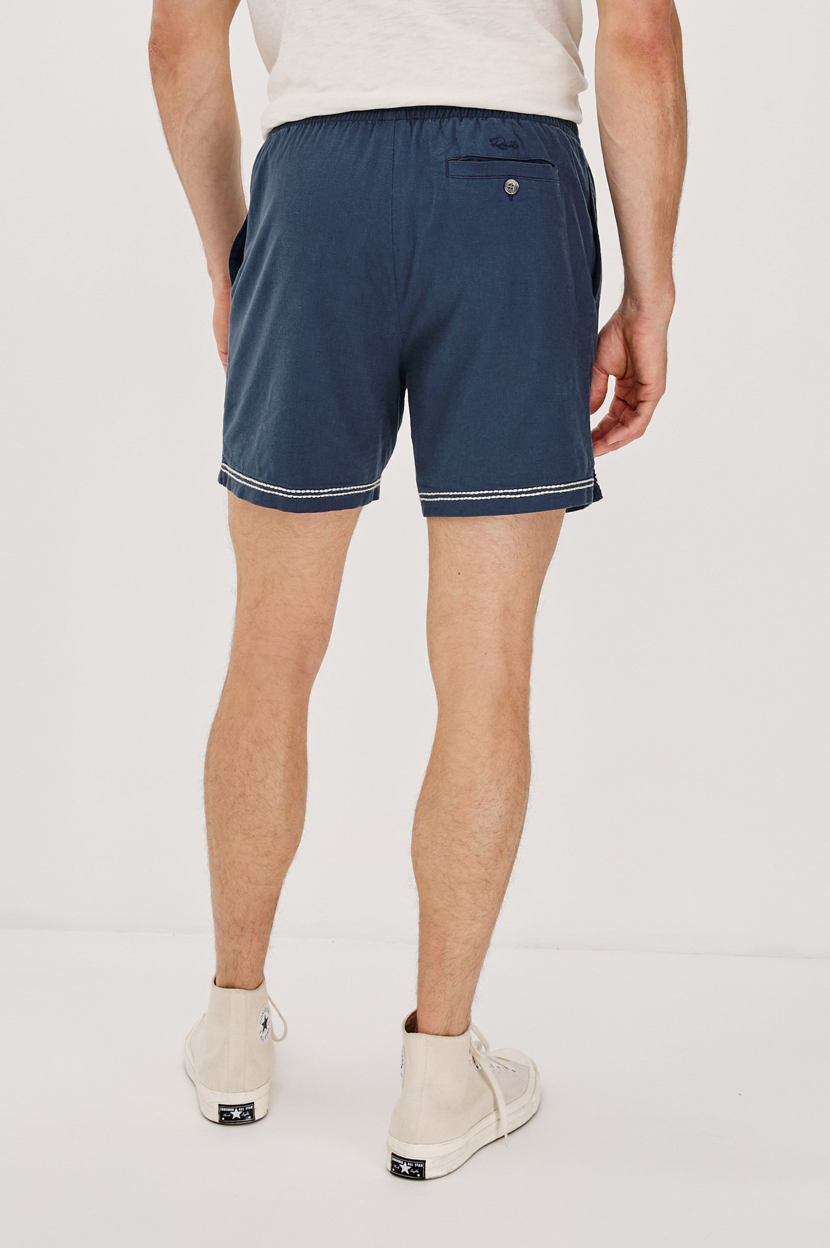 Hudson Elastic Waist Short with a Drawstring Waist, Contrast White Stitching and Side Pockets. Back View Shown on Model.