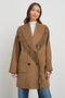 Hugo Double-Breasted, Mid-Thigh Length Coat with Button Closure, Wide Lapels, Two Front Patch Pockets and Fringe along the Lapels and Closure in Camel Colorway - Front View Featured on Model 