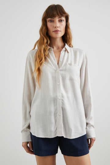 Hunter Long-Sleeve Button Up with a Chest Patch Pocket in Birch Heather Colorway - Front View Featured on Model