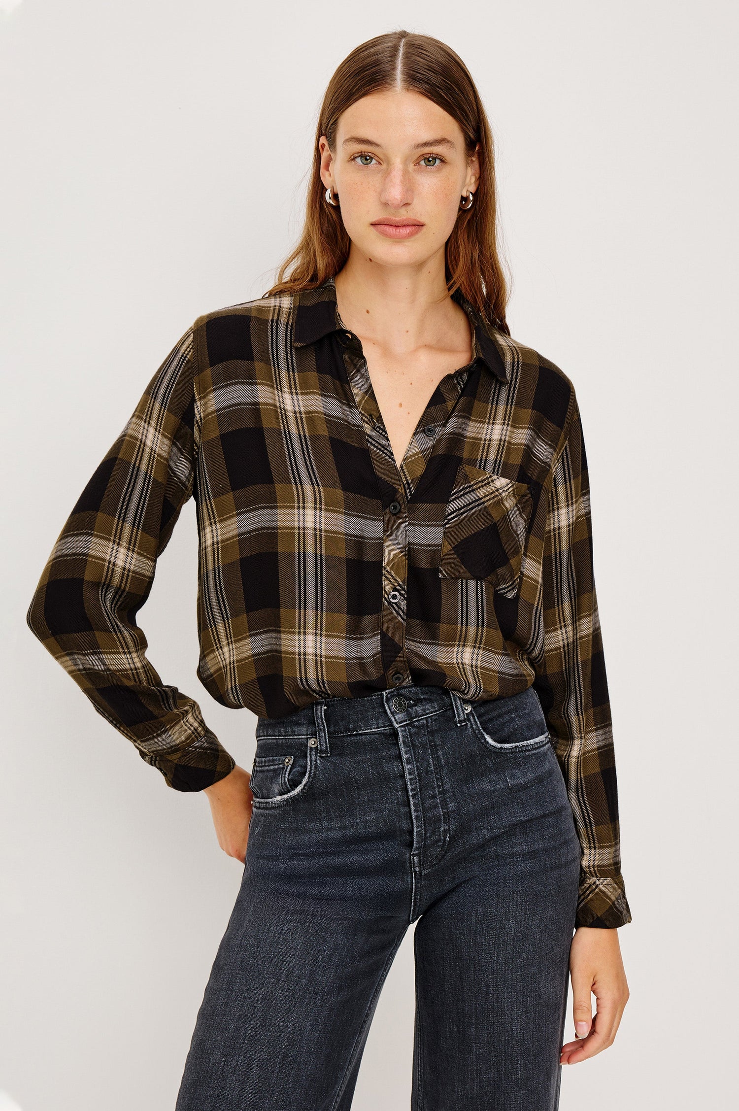 Hunter Long-Sleeve Button Up with a Chest Patch Pocket in Black Caramel Lurex Colorway, plaid  - Front View Featured on Model