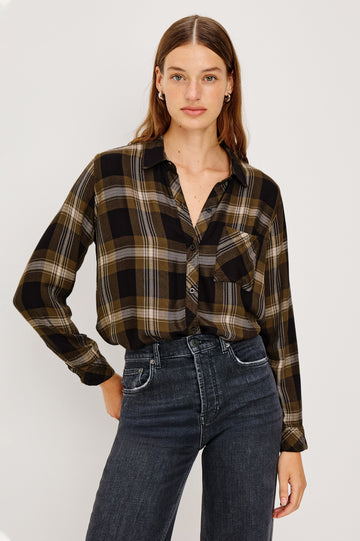 Hunter Long-Sleeve Button Up with a Chest Patch Pocket in Black Caramel Lurex Colorway, plaid  - Front View Featured on Model
