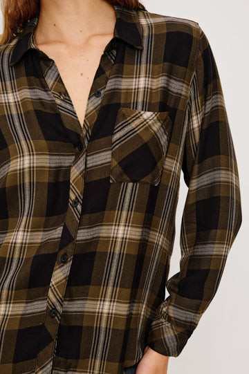 Hunter Long-Sleeve Button Up with a Chest Patch Pocket in Black Caramel Lurex Colorway, plaid  - Close Up View Featured on Model