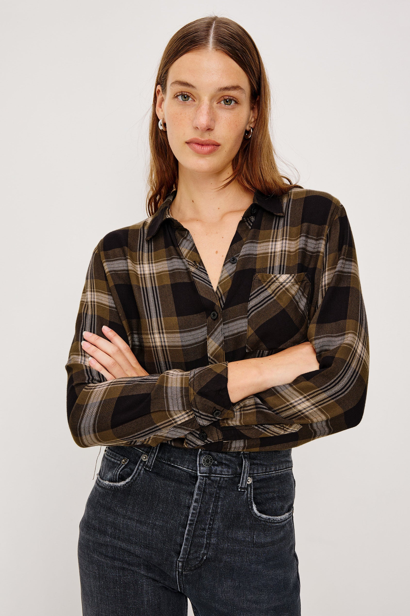 Hunter Long-Sleeve Button Up with a Chest Patch Pocket in Black Caramel Lurex Colorway, plaid  - Front View Featured on Model with arms crossed
