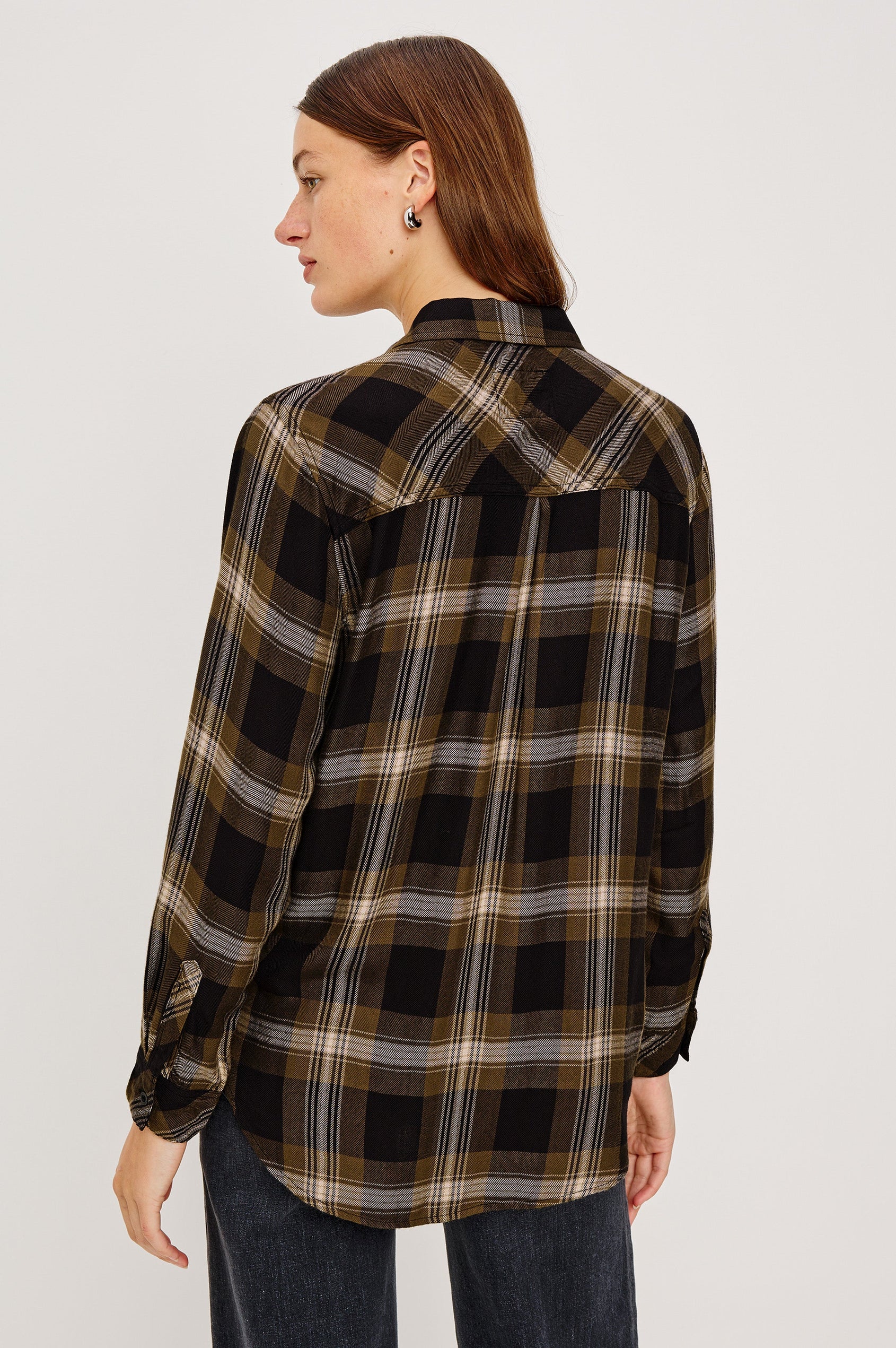 Hunter Long-Sleeve Button Up with a Chest Patch Pocket in Black Caramel Lurex Colorway, plaid  - Back View Featured on Model 