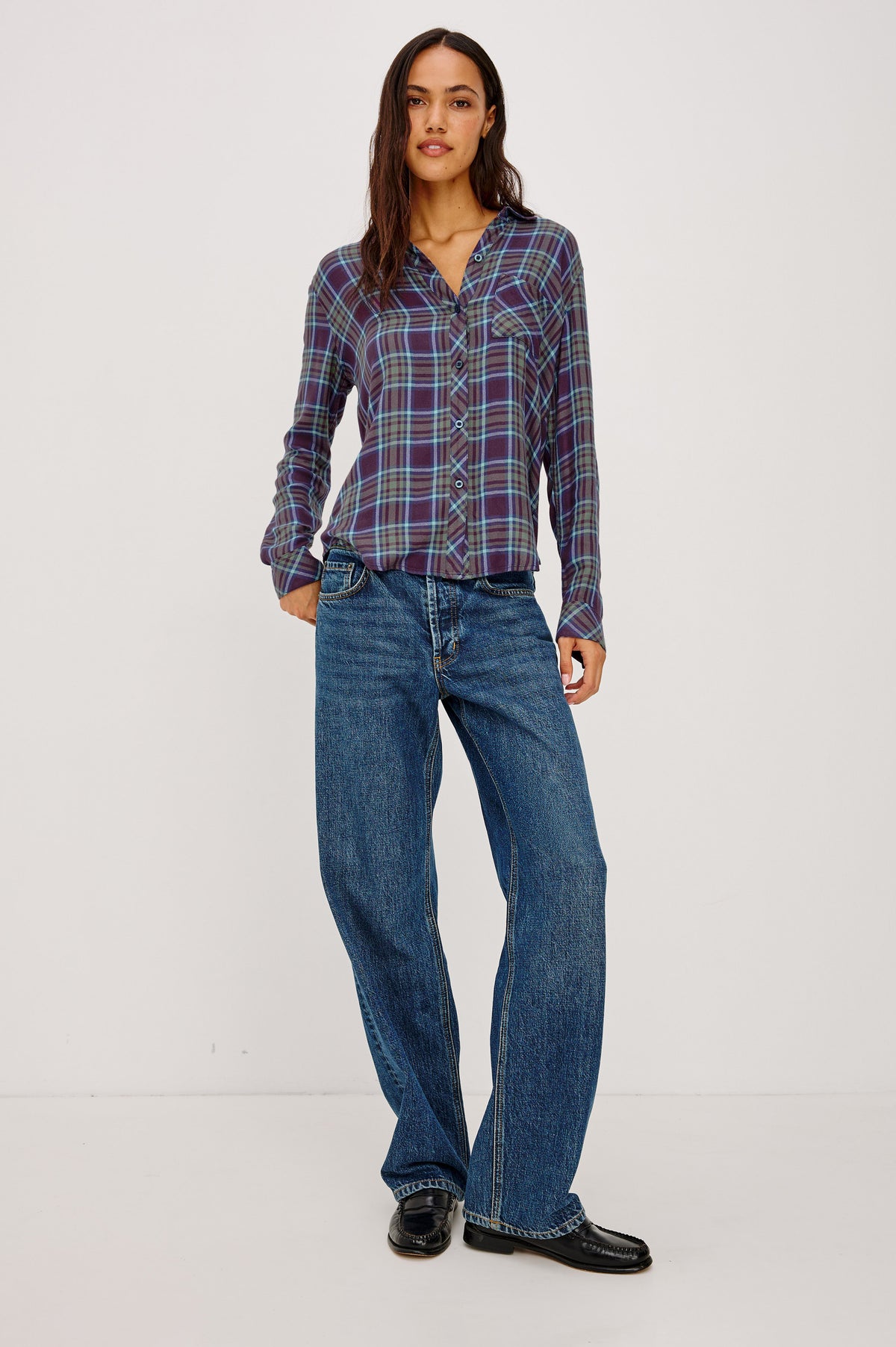 Hunter Button-Up Shirt in Signature Rayon with a Soft Cashmere Feel, Collar, Front Buttons, Chest Patch Pocket, and Long Sleeves in Blackberry Sage Ice Colorway – Full Body Front View Featured on Model
