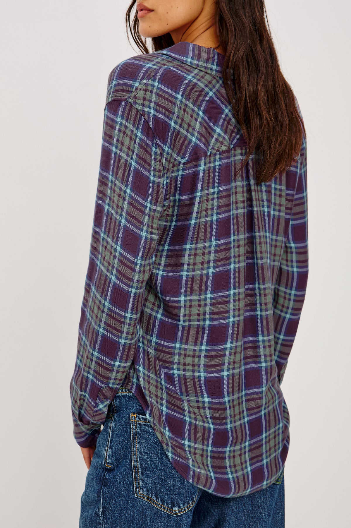 Hunter Button-Up Shirt in Signature Rayon with a Soft Cashmere Feel, Collar, Front Buttons, Chest Patch Pocket, and Long Sleeves in Blackberry Sage Ice Colorway – Crop Back View Featured on Model