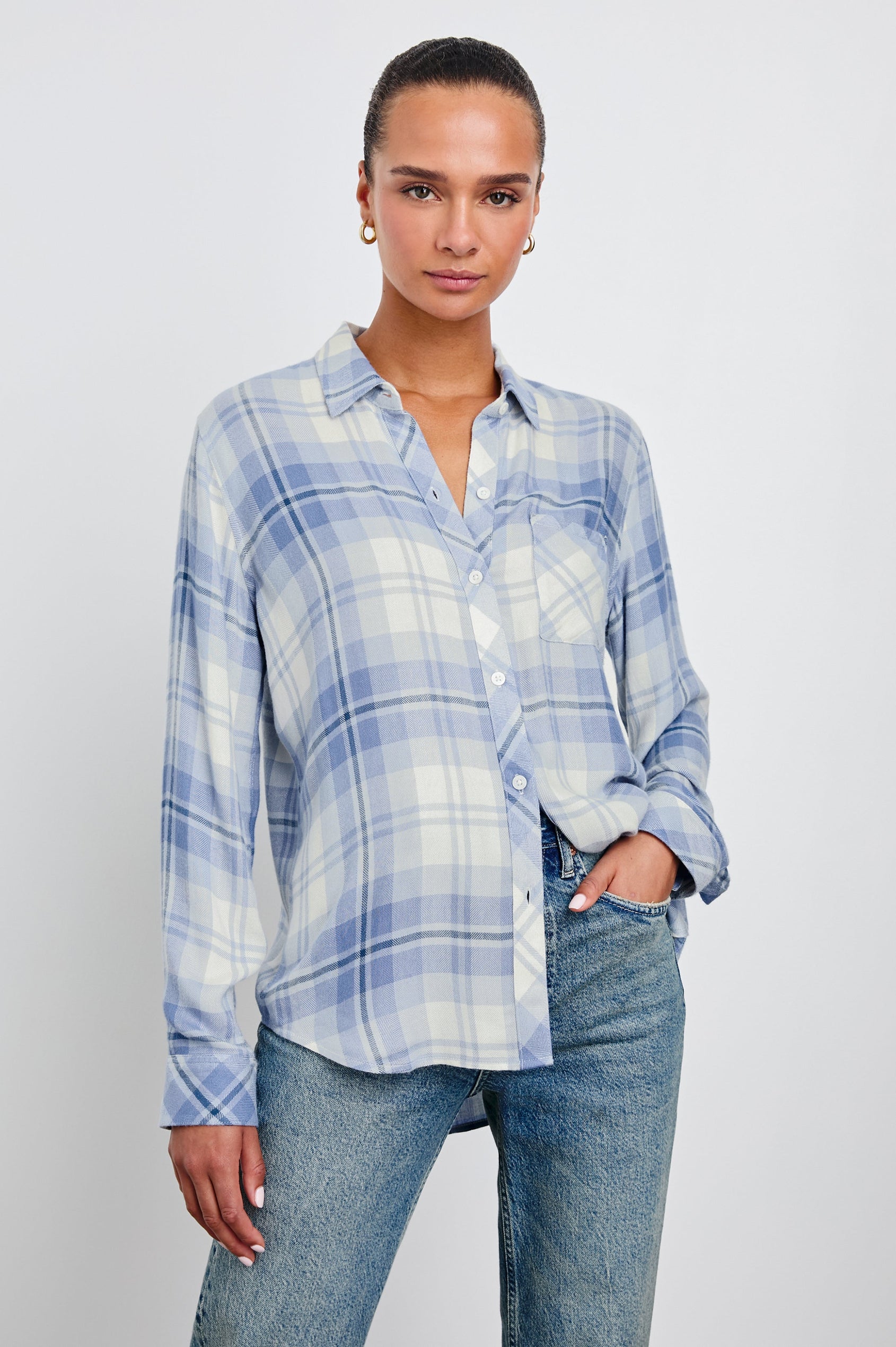 Hunter Long-Sleeve Button Up with a Chest Patch Pocket in Bluebell Snow Colorway, plaid - Front View Featured on Model