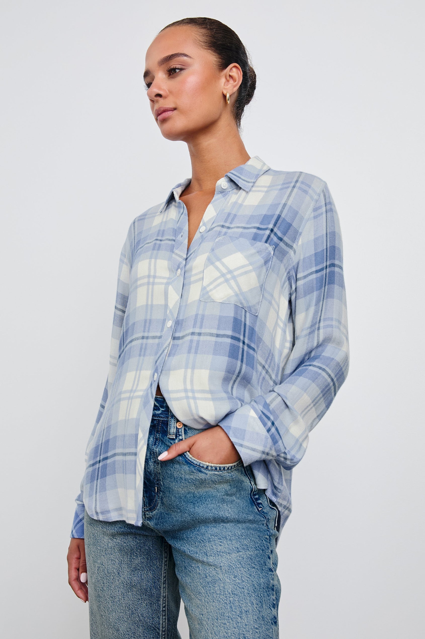 Hunter Long-Sleeve Button Up with a Chest Patch Pocket in Bluebell Snow Colorway, plaid - Front View Featured on Model