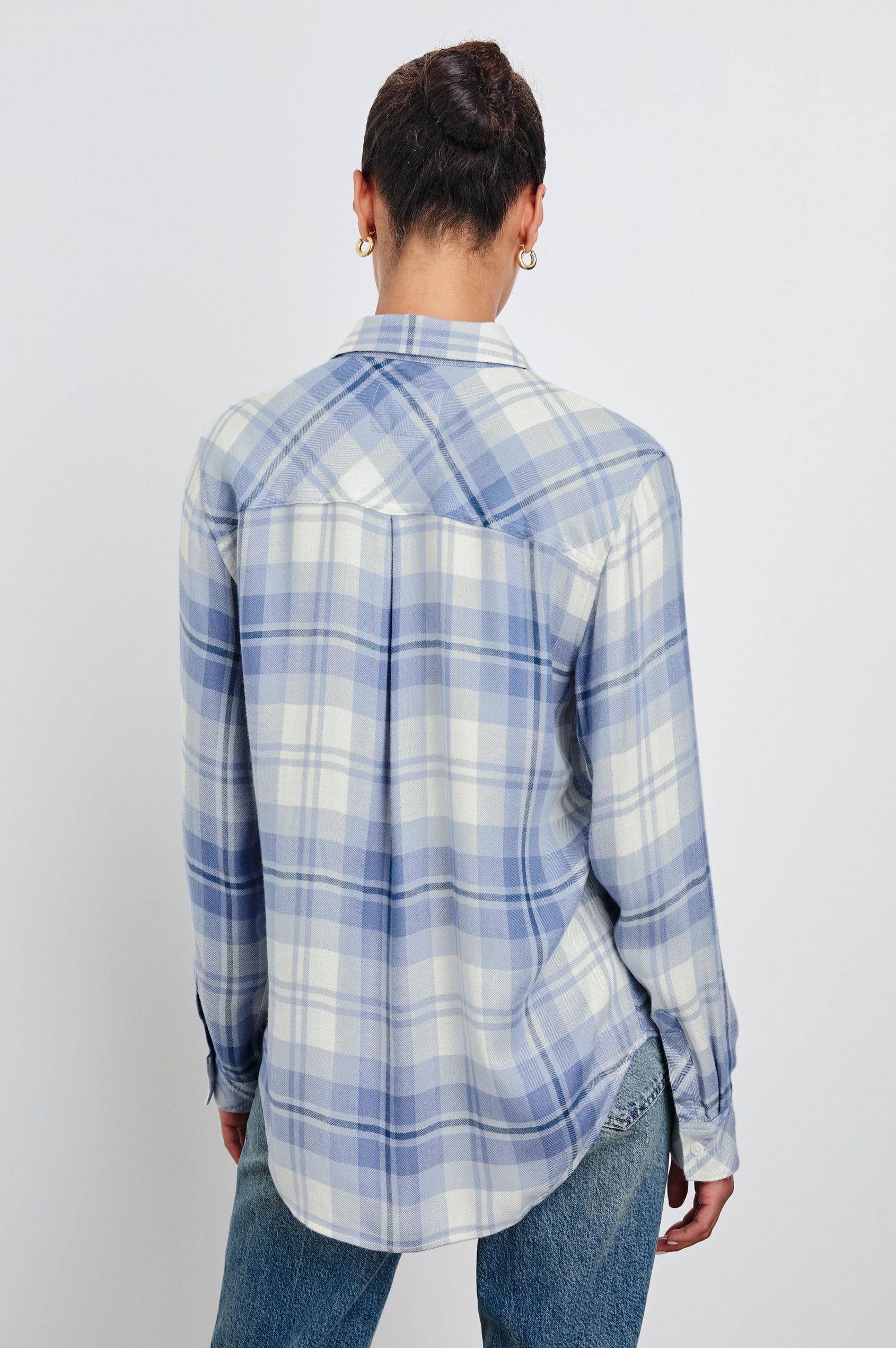 Hunter Long-Sleeve Button Up with a Chest Patch Pocket in Bluebell Snow Colorway, plaid - Back View Featured on Model