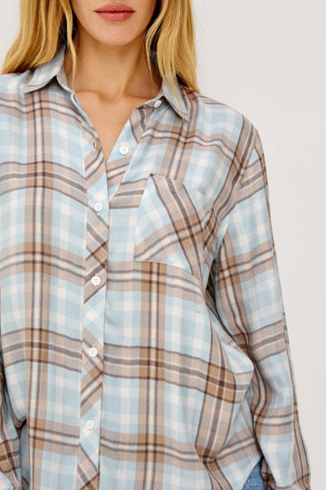 Hunter Button-Up Shirt in Signature Rayon With Collar, Front Buttons, Chest Patch Pocket, and Long Sleeves in Chambray Ivory Dune Colorway - Upper Body Front View Featured on Model