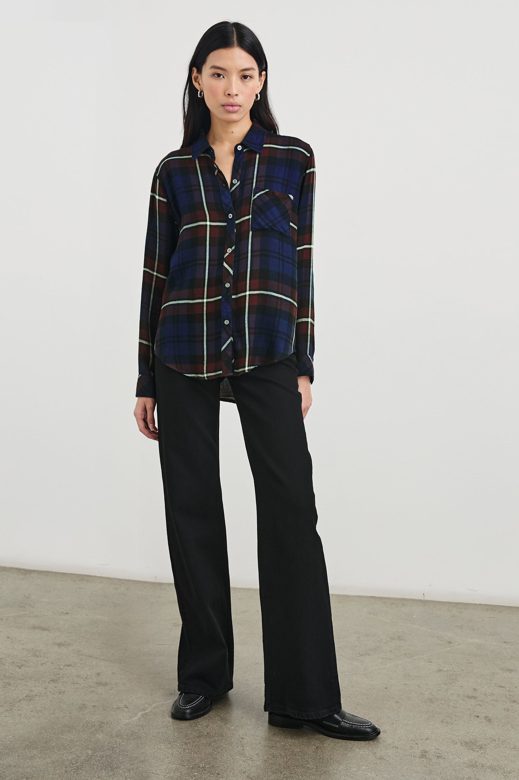 Hunter Long-Sleeve Button Up with a Chest Patch Pocket in Chestnut Birch Navy Colorway, plaid  - Front Full Body View Featured on Model