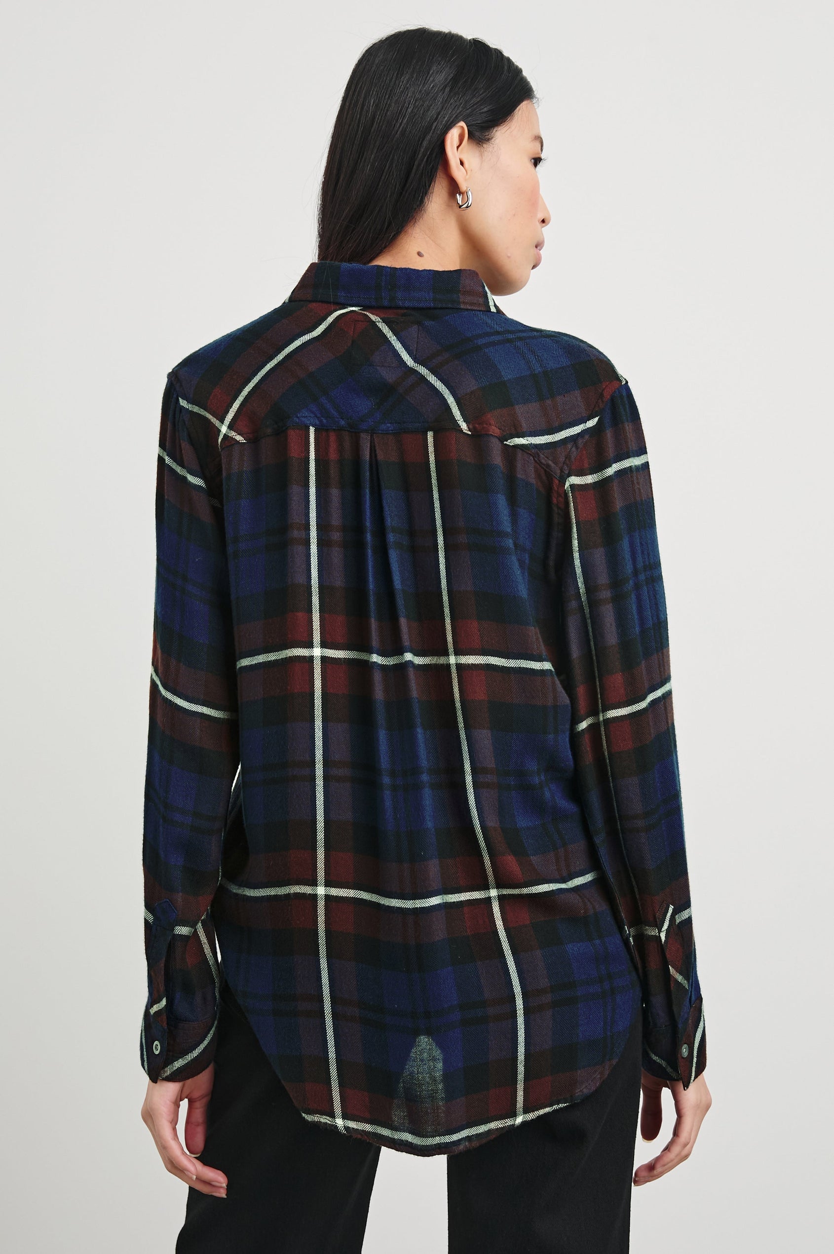 Hunter Long-Sleeve Button Up with a Chest Patch Pocket in Chestnut Birch Navy Colorway, plaid  - Back View Featured on Model