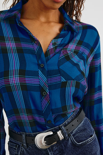 Hunter Long-Sleeve Button Up with a Chest Patch Pocket in Cobalt Magenta Colorway, plaid - Front Tucked View Featured on Model