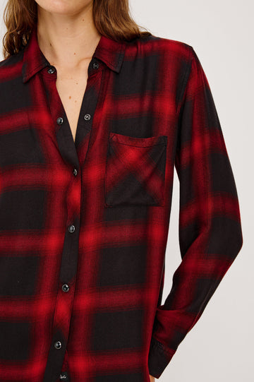 Hunter Long-Sleeve Button Up with snaps and a Chest Patch Pocket in Diffused Cardinal Black Colorway, plaid  - Front Buttoned View Featured on Model
