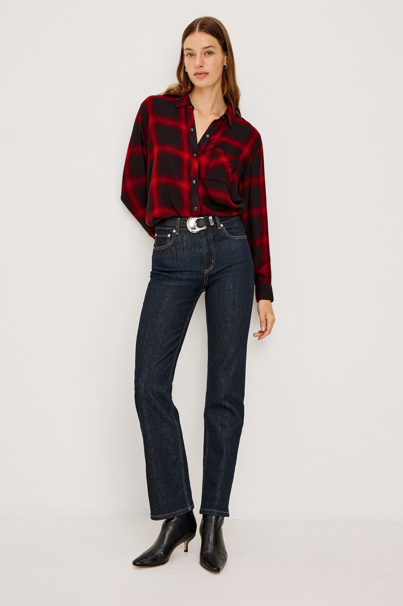 Hunter Long-Sleeve Button Up with snaps and a Chest Patch Pocket in Diffused Cardinal Black Colorway, plaid  - Full Body Front Buttoned View Featured on Model